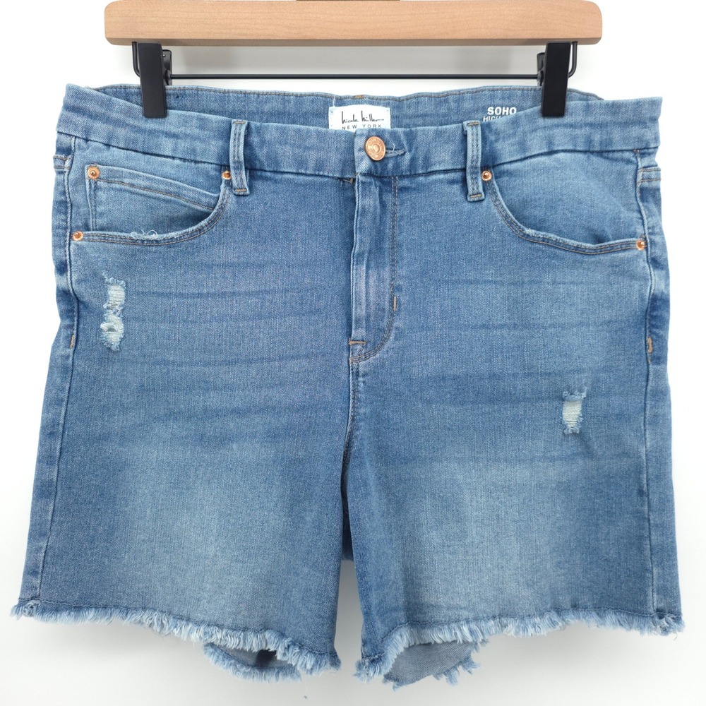 Nicole Miller SOHO Women High Rise Denim Shorts 12 Blue Frayed Distressed